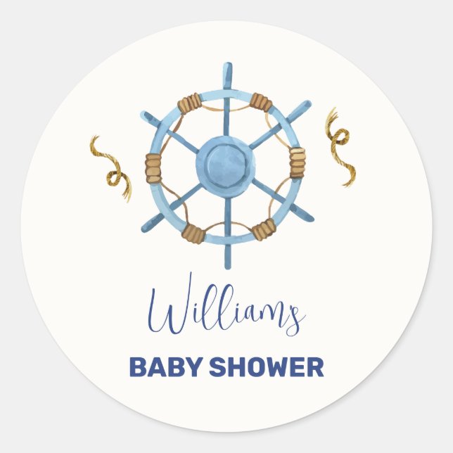 Sticker Rond Bleu moderne Ahoy Nautical Boy Baby shower (Devant)