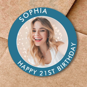 Sticker Rond Bleu Moderne Elégant Joyeux 21ème Anniversaire Pho