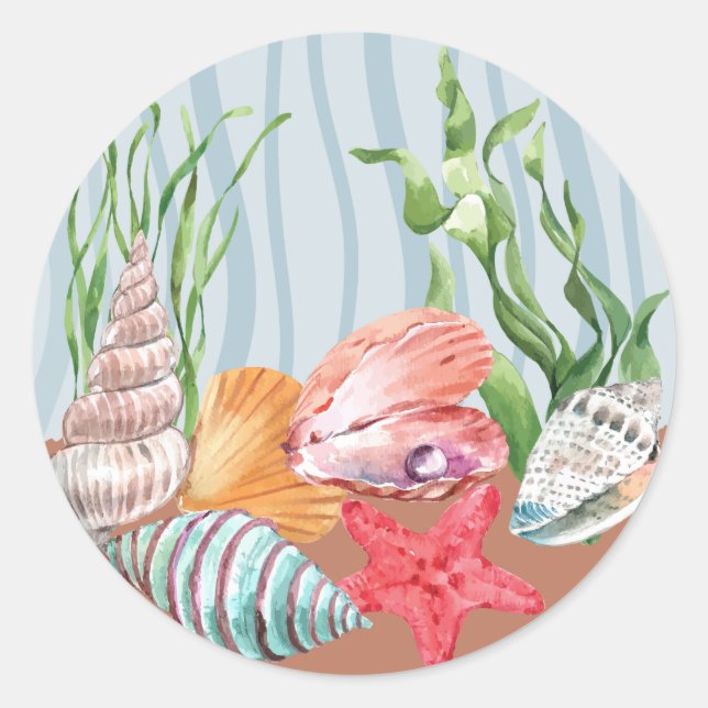 Sticker Rond Bleu Nautique Plage Tropicale Coquillage Aquarelle (Devant)