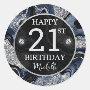 Sticker Rond Bleu Nuit Élégant et Paillettes d'Argent pour Anni