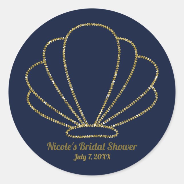 Sticker Rond Bleu Nuit & Or Coquillage Sirène Baby Shower (Devant)