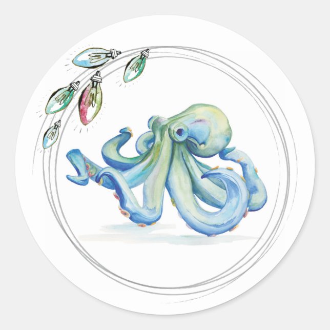 Sticker Rond Bleu Octopus Beachy Noël Aquarelle (Devant)