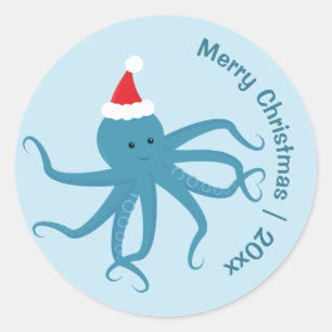 Sticker Rond Bleu Octopus Père Noël Joyeux Noël