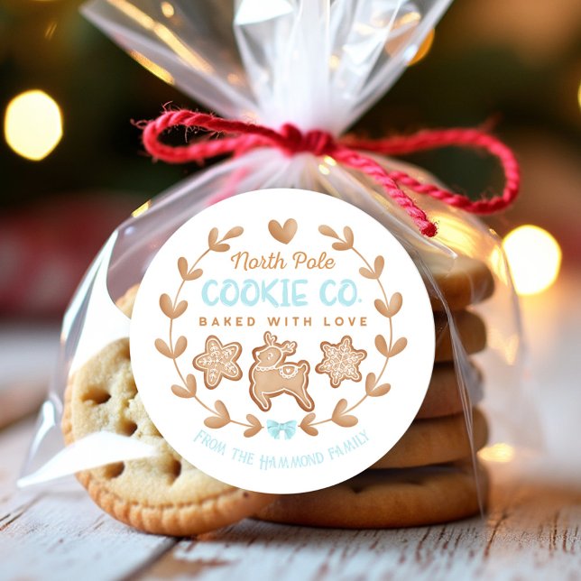 Sticker Rond Bleu pain d'épices Noël Échange de cookies (Blue Gingerbread Christmas Cookies Exchange Classic Round Sticker)