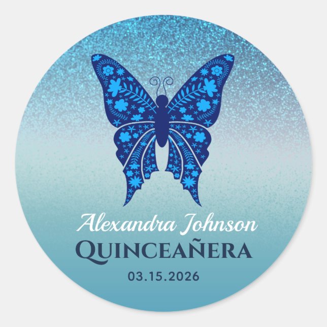 Sticker Rond Bleu Parties scintillant Quinceañera Papillon (Devant)