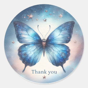 Sticker Rond Bleu Parties scintillant Stars Papillon - Merci -