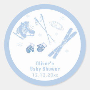 Sticker Rond Bleu pastel hiver Après Bébé garçon bébé Ski Showe