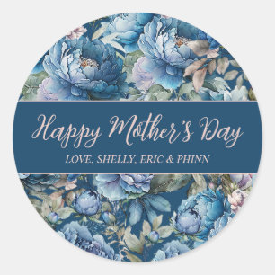 Sticker Rond Bleu peony motif floral Joyeuse fête des mères