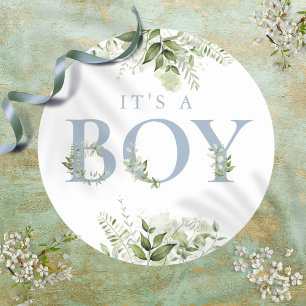 Sticker Rond Bleu Poussiéreux C'est Un Garçon Floral Baby Showe