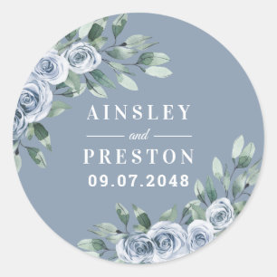 Sticker Rond Bleu Poussiéreux Élégant Floral Boho Rose Rustique