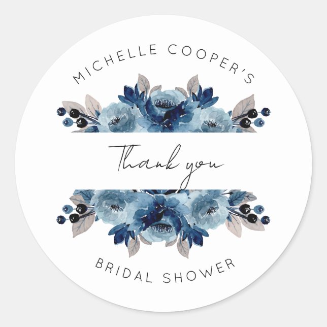 Sticker Rond Bleu Poussiéreux et Remerciements Floraux Navy (Devant)