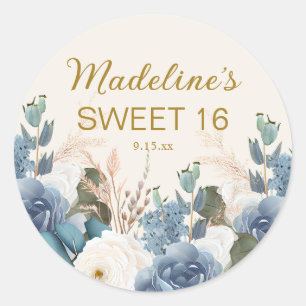 Sticker Rond Bleu Poussiéreux Fleurs Blanches Douce 16 Ans Nom