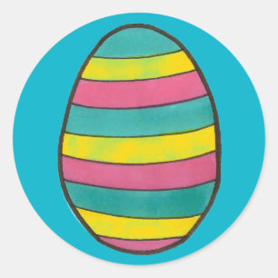 Sticker Rond Bleu rayé Joyeux Chasse aux oeufs de Pâques OEufs 