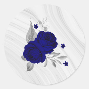 Sticker Rond bleu roi fleurs argent marbre feuille