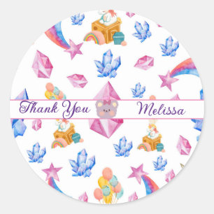 Sticker Rond Bleu Rose Etoiles Merci Unicorn Motif