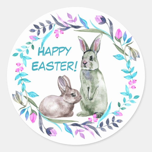 Sticker Rond Bleu rose lapin de Pâques (Devant)