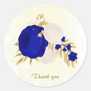 Sticker Rond bleu royal et fleurs blanches or