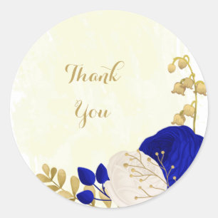 Sticker Rond bleu royal et fleurs blanches or