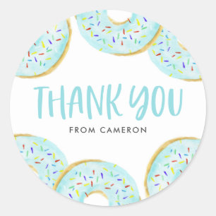 Sticker Rond Bleu saupoudrer beignets Anniversaire Merci de fêt
