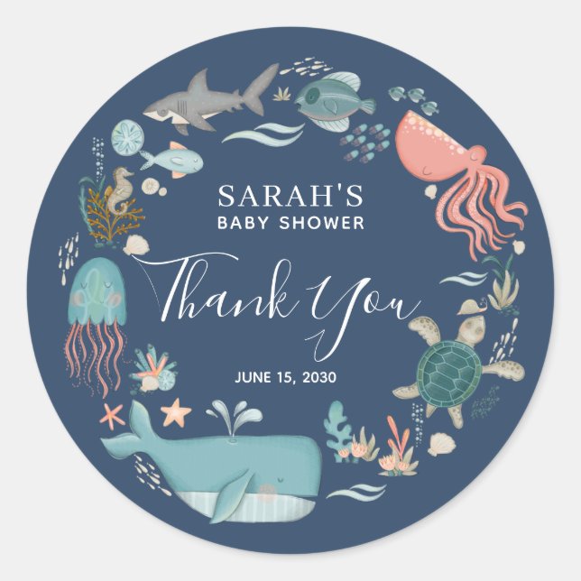 Sticker Rond Bleu sous la mer Baby shower Merci classique R (Devant)