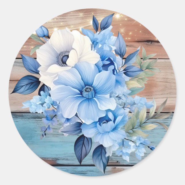 Sticker Rond Bleu Tan Bois Lumières Mariage Floral (Devant)