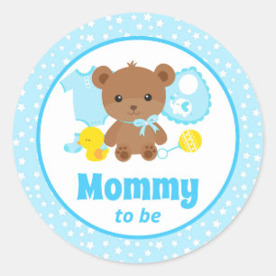 Sticker Rond Bleu Teddy ours Baby shower maman à être