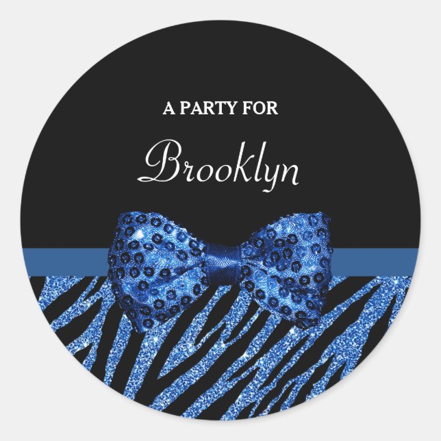 Sticker Rond Bleu tendance Zèbre Imprimer FAUX Glitz Bow avec n (Devant)