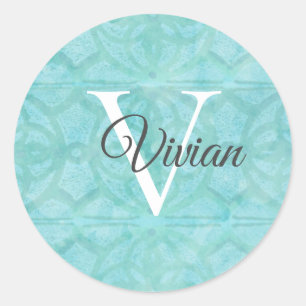Sticker Rond Bleu Turquoise Avec Nom Monogramme Blanc