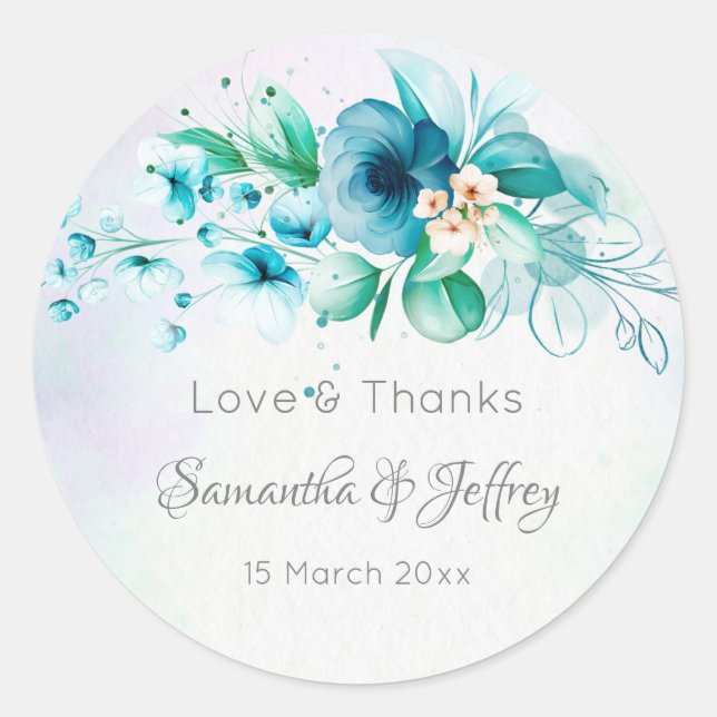 Sticker Rond Bleu turquoise fleurs vertes fleurs florales cadea (Devant)