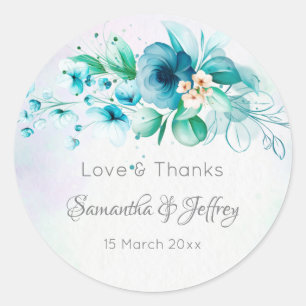 Sticker Rond Bleu turquoise fleurs vertes fleurs florales cadea