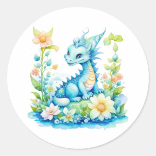 Sticker Rond Bleu Turquoise Vert Imaginaire Dragon