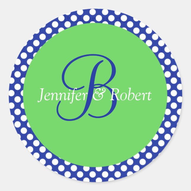 Sticker Rond Bleu Vert Blanc Polka Point Monogramme B Enveloppe (Devant)