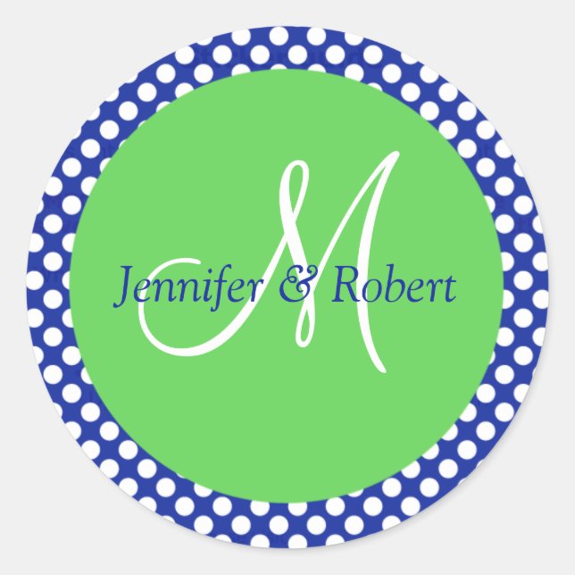 Sticker Rond Bleu Vert Polka Blanc Point Monogramme Enveloppe P (Devant)