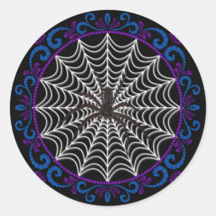 Sticker Rond Bleu violet araignée blanche Web et araignée noire