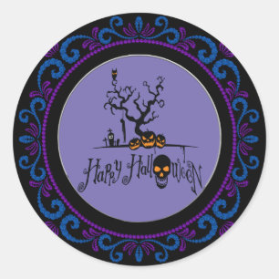 Sticker Rond Bleu violet Joyeux Halloween Grave Yard