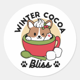 Sticker Rond Bliss de cacao d'hiver - Chien mignon en mode Mug
