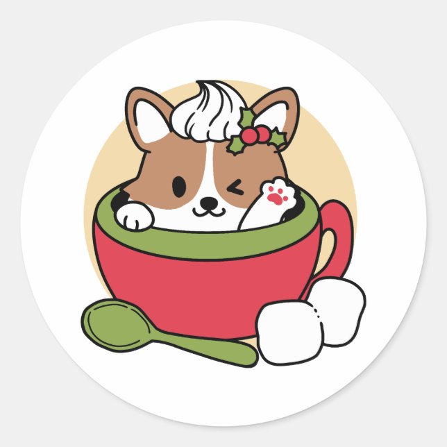 Sticker Rond Bliss de cacao d'hiver - Chien mignon en mode Mug (Devant)