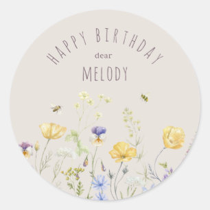 Sticker Rond Bliss d'été, fleur sauvage, aquarelle Anniversaire