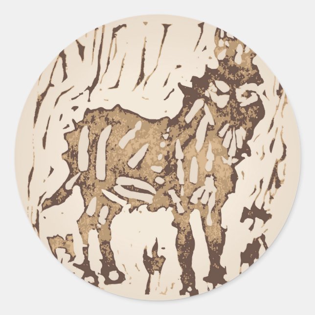 Sticker Rond Block Print Sheep Donkey Quilt - brown donkey. (Devant)