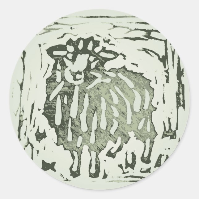 Sticker Rond Block Print Sheep Donkey Quilt - green sheep. (Devant)