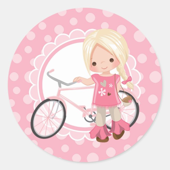 Sticker Rond Blonde Bicycle Girl - Rose Blanc (Devant)
