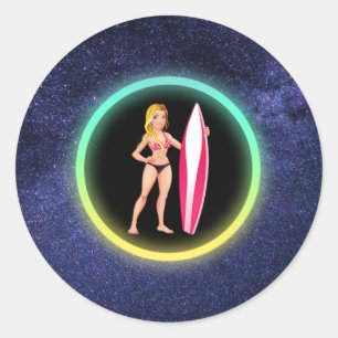 Sticker Rond Blonde Surfer Adolescent Girl Galaxy