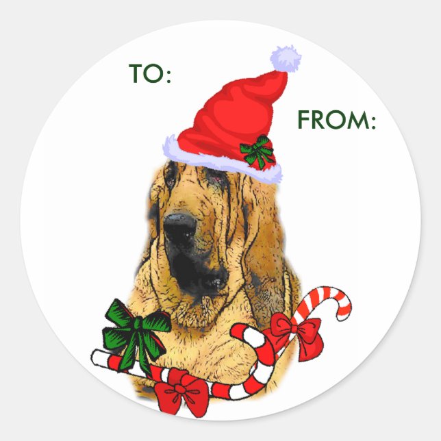 Sticker Rond Bloodhound Christmas Gifts, À :, DE : (Devant)