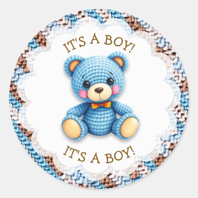 Sticker Rond Blue and Brown Crocheted Teddy Bear It's a Boy (Devant)
