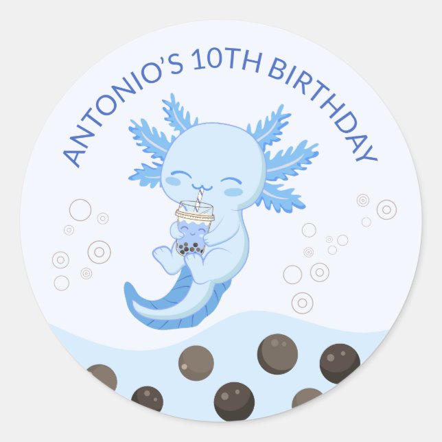 Sticker Rond Blue Axolotl Bubble Milk Boba Tea Anniversaire (Devant)