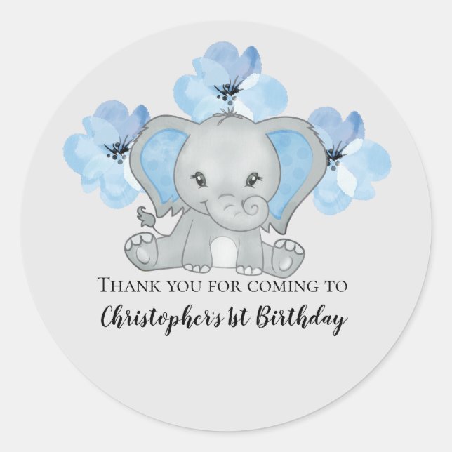 Sticker Rond Blue Baby Boy Elephant Fleurs Ballons Anniversaire (Devant)