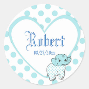 Sticker Rond Blue Baby Boy Elephant Heart and Polka Dots