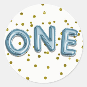 Sticker Rond Blue Balloons Gold Confetti ONE 1er anniversaire f