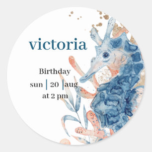 Sticker Rond  Blue Beach hippocampe coquillage bébéShower 