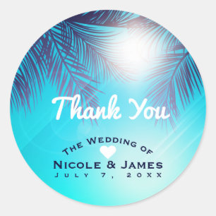 Sticker Rond Blue BEACH PARTY Sunny Palm Trees Anniversaire Pri